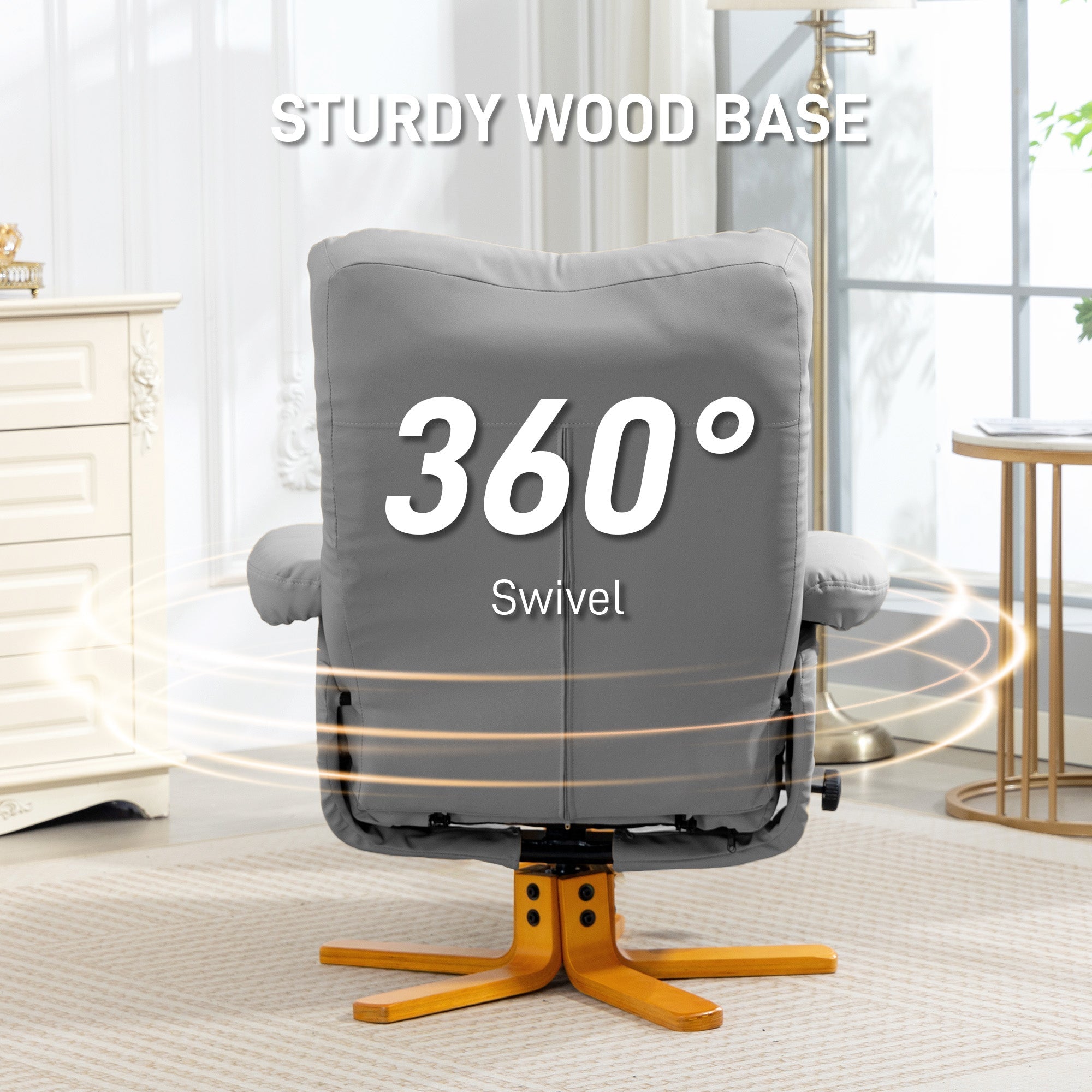 Gray upholstered recliner with sturdy wooden base and 360 degree swivel in stylish faux leather for living room use