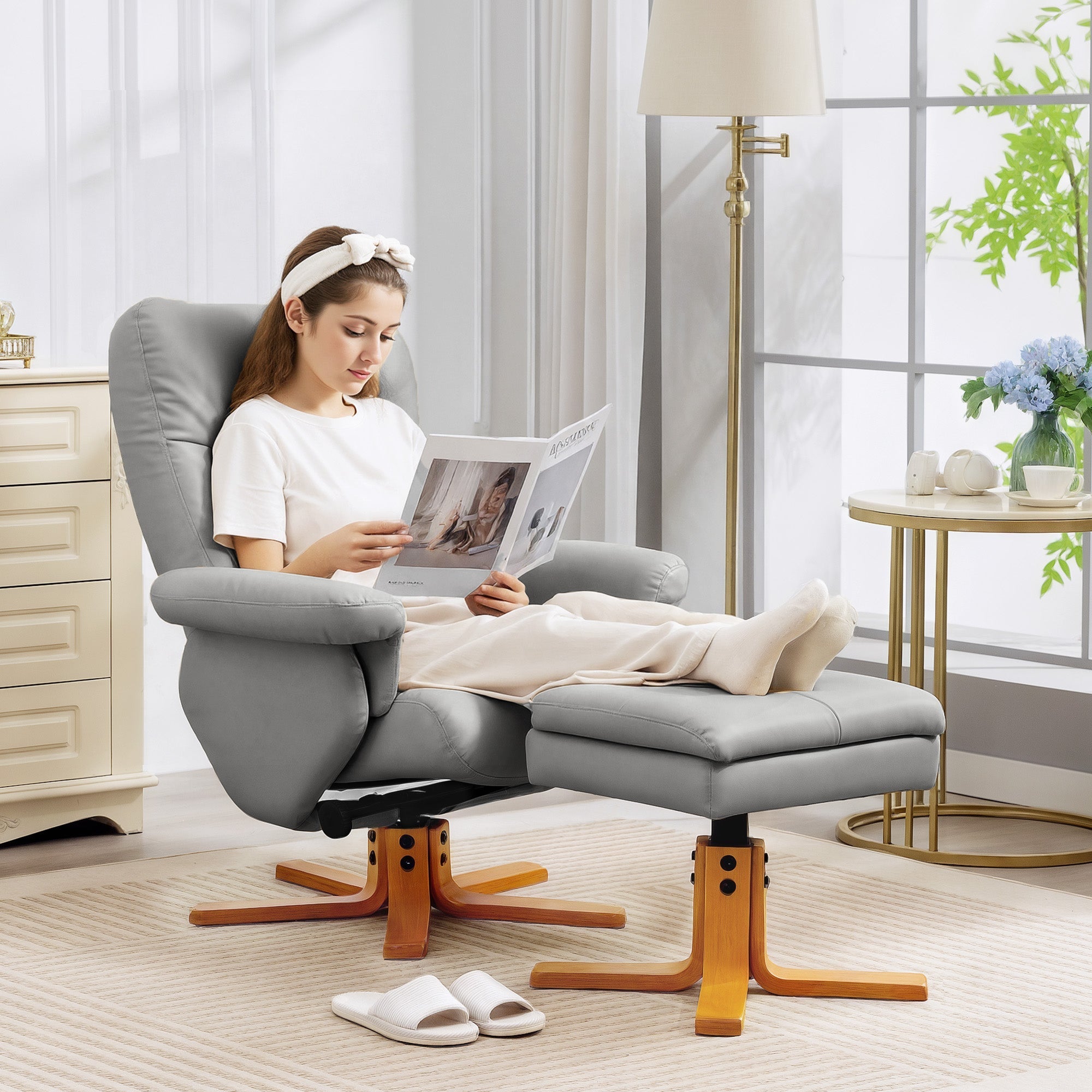Gray upholstered stylish faux leather recliner chair with wooden legs for living room and storage by HOMCOM
