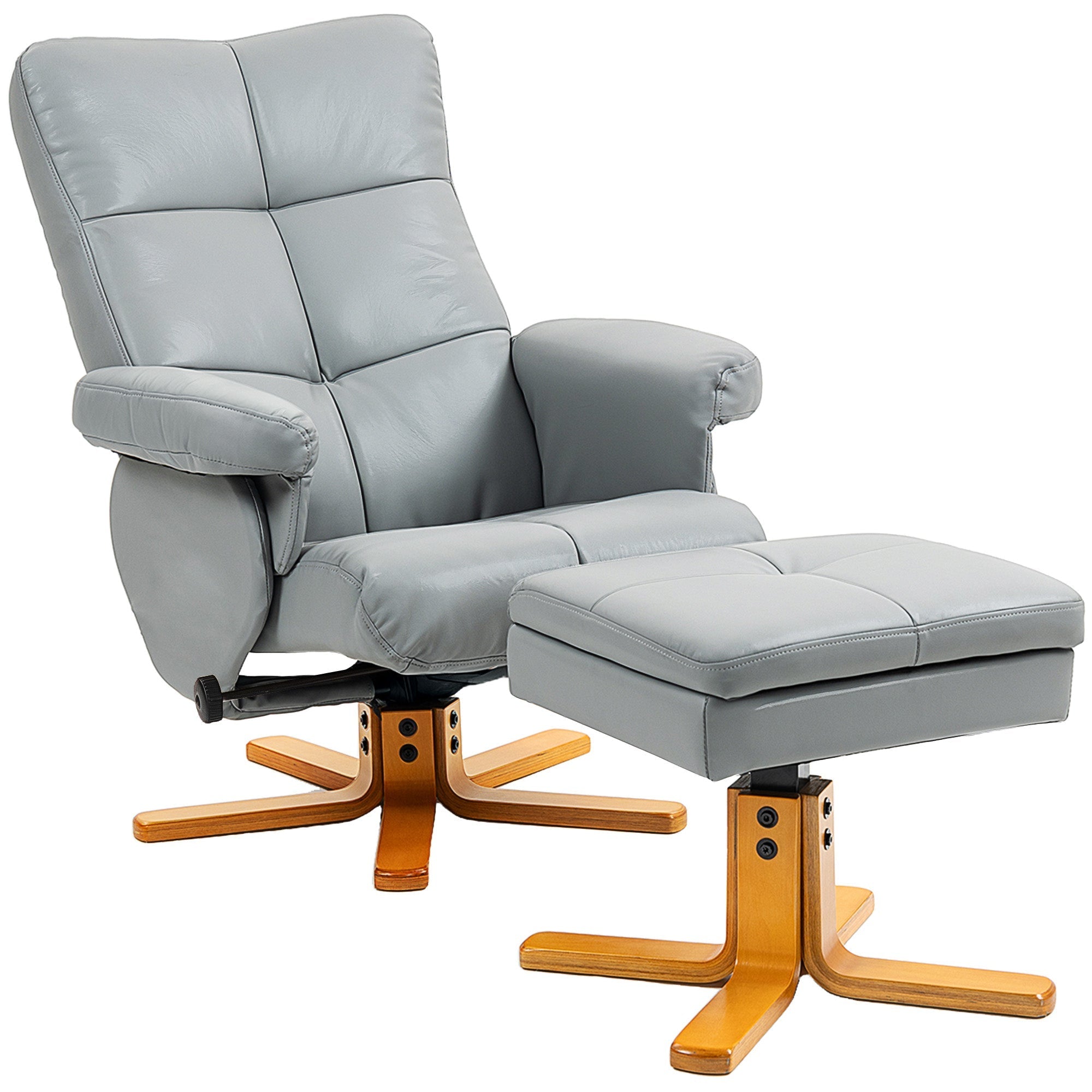 Gray leather recliner chair with matching ottoman in stylish faux leather and wooden star-shaped bases for living room use