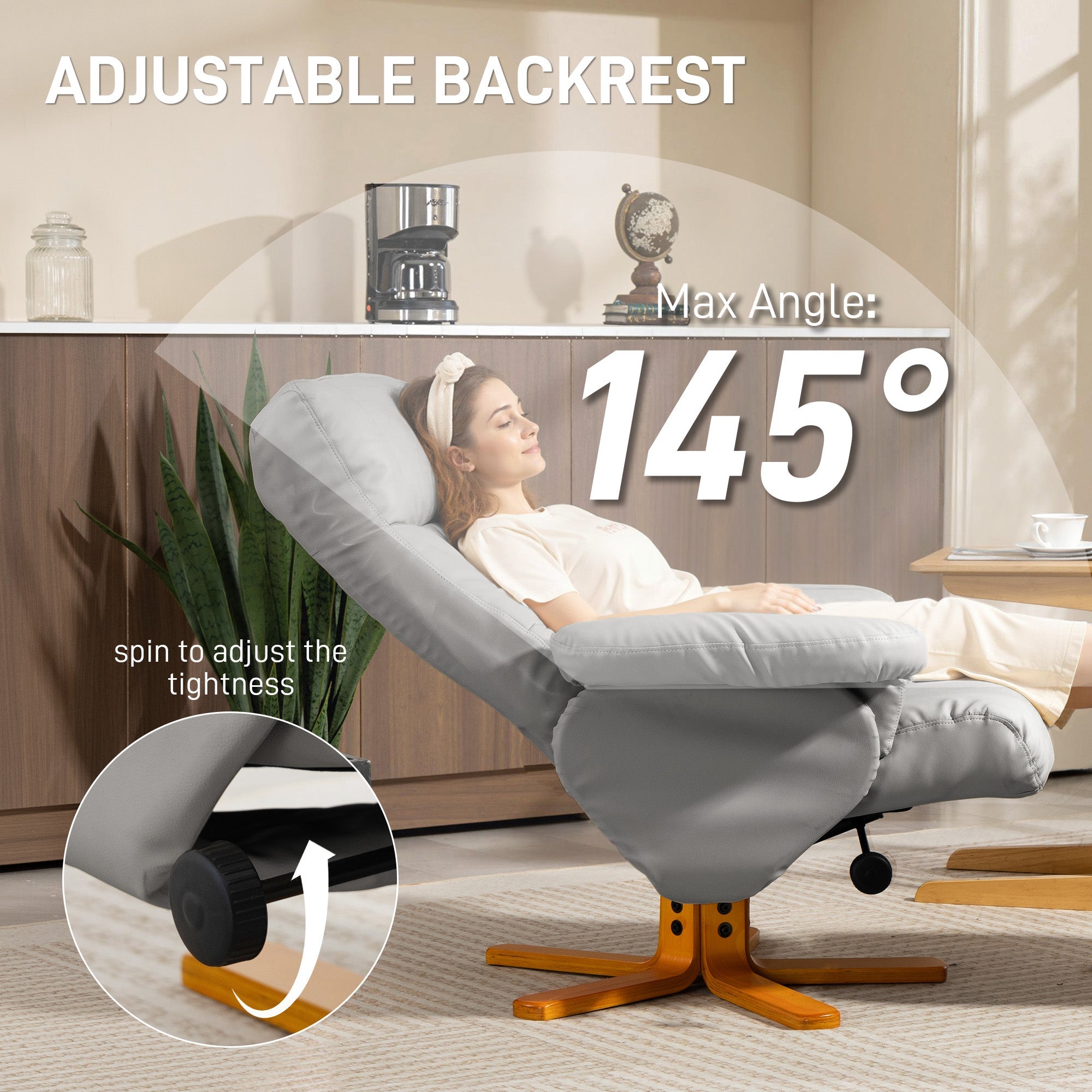 Gray fabric recliner with adjustable backrest and wooden base in stylish faux leather for living room comfort