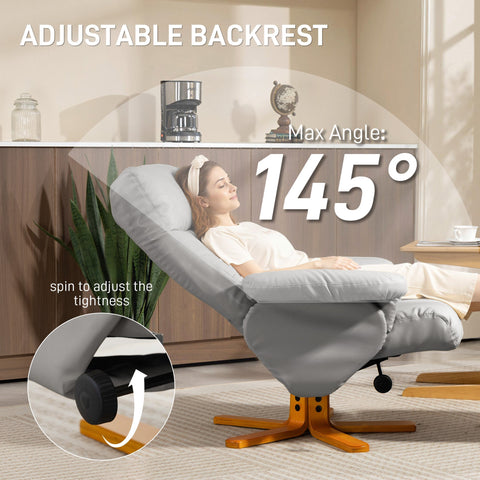 Gray fabric recliner with adjustable backrest and wooden base in stylish faux leather for living room comfort