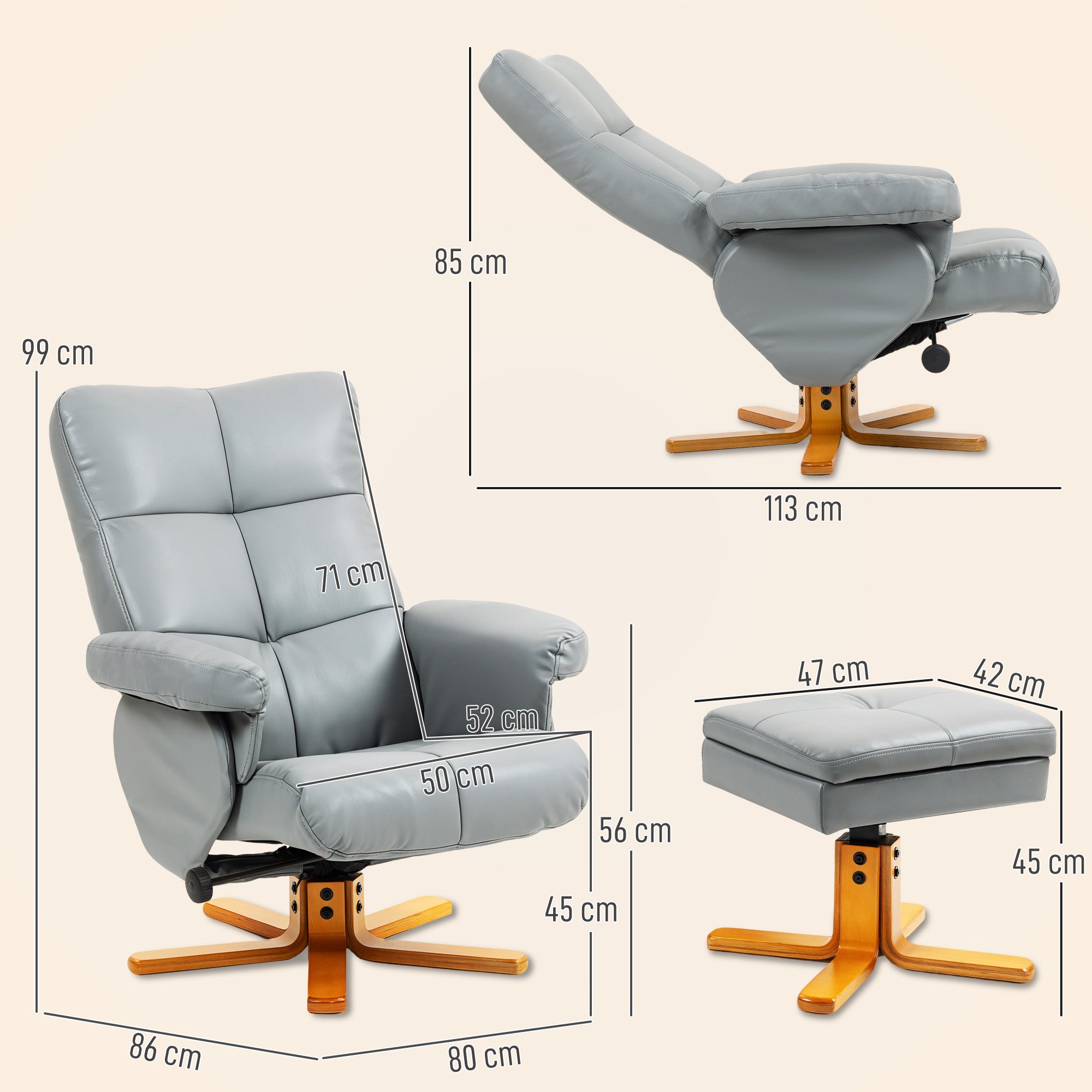 Gray leather recliner chair with wooden star-shaped base made of stylish faux leather for living room comfort