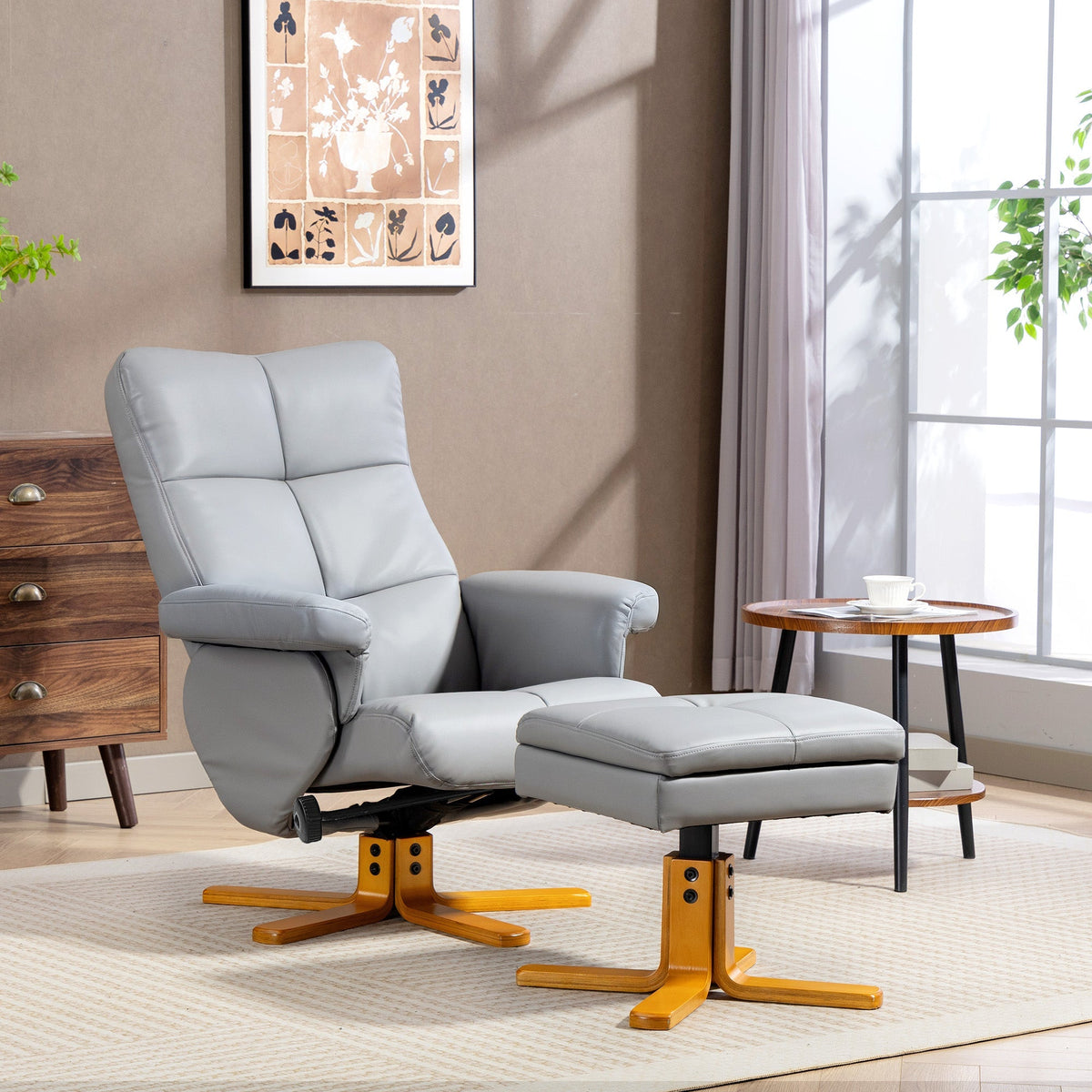 Light gray homcom faux leather swivel recliner chair with footstool wooden star base stylish faux leather for living room