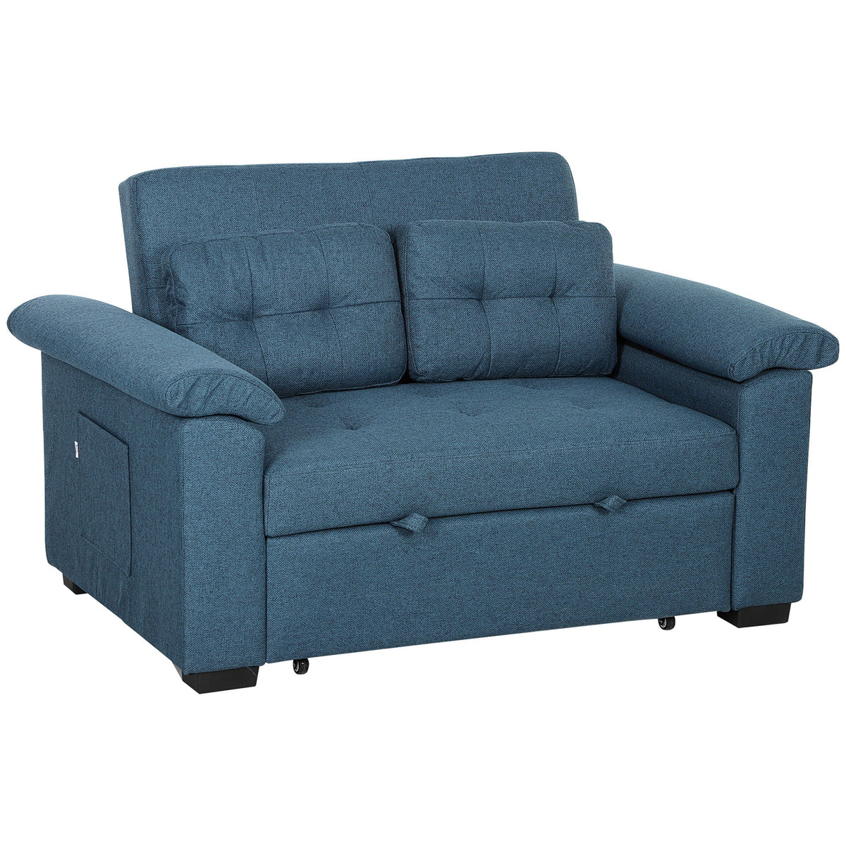 Blue tufted fabric homcom sofa bed with pocket springs storage base caster wheels and eucalyptus wood frame