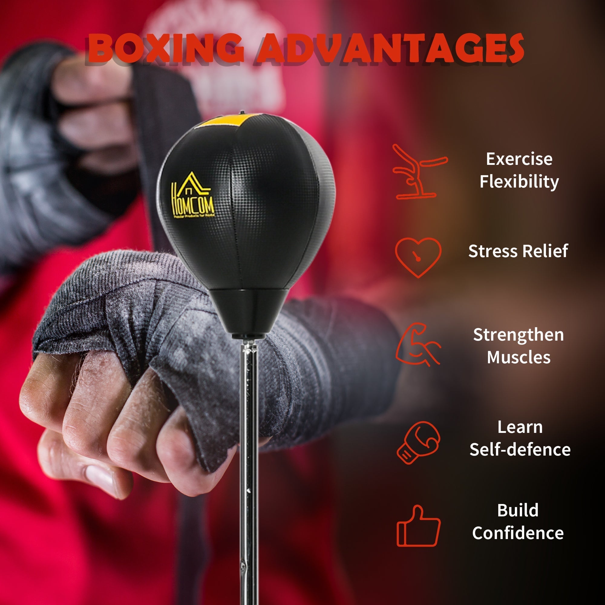 Black and yellow komcom punch bag with textured surface on metal stand for boxing ball training with adjustable height