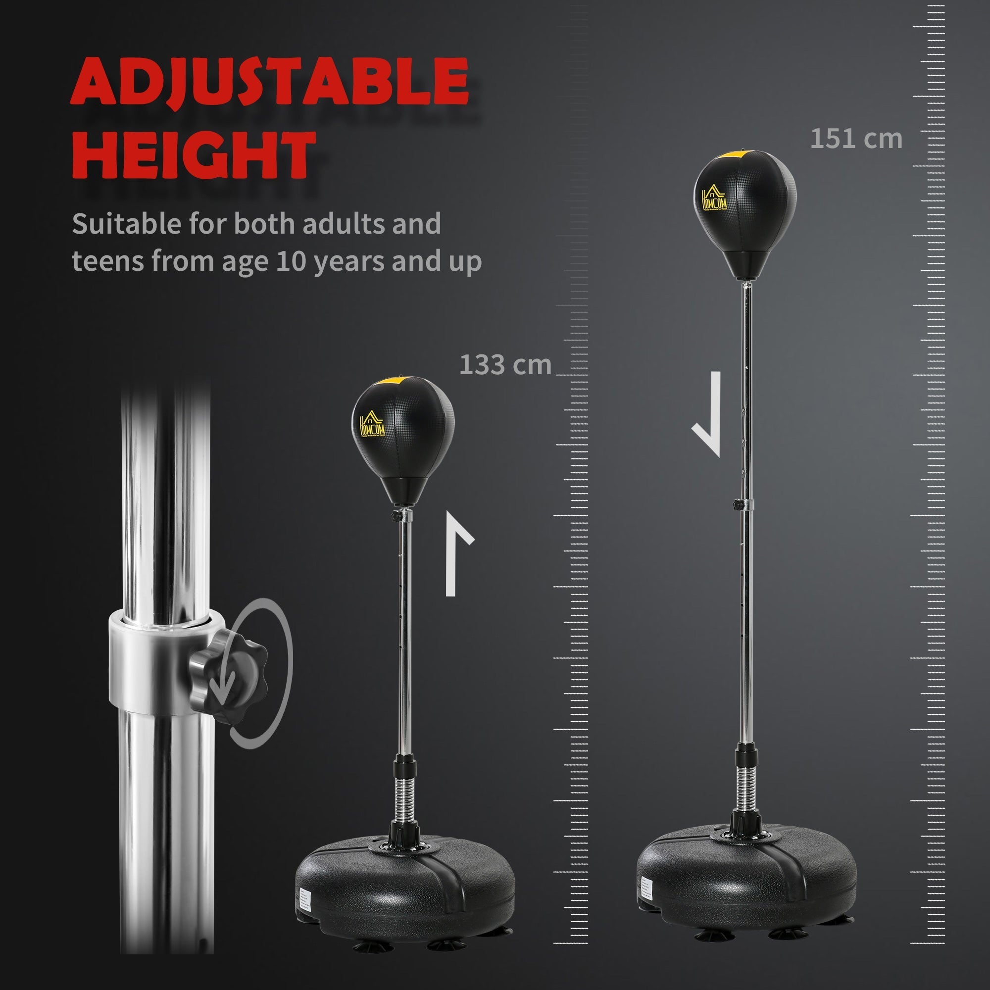 Adjustable-height black punch bag with chrome stand and yellow logo featuring height markings for boxing ball use