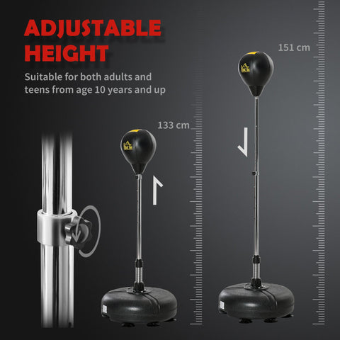 Adjustable-height black punch bag with chrome stand and yellow logo featuring height markings for boxing ball use