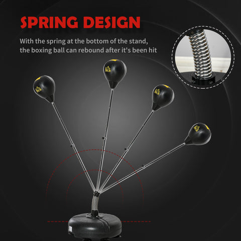 Black boxing ball punch bag with yellow logo on spring-loaded stand from HOMCOM with adjustable height and inflating pump