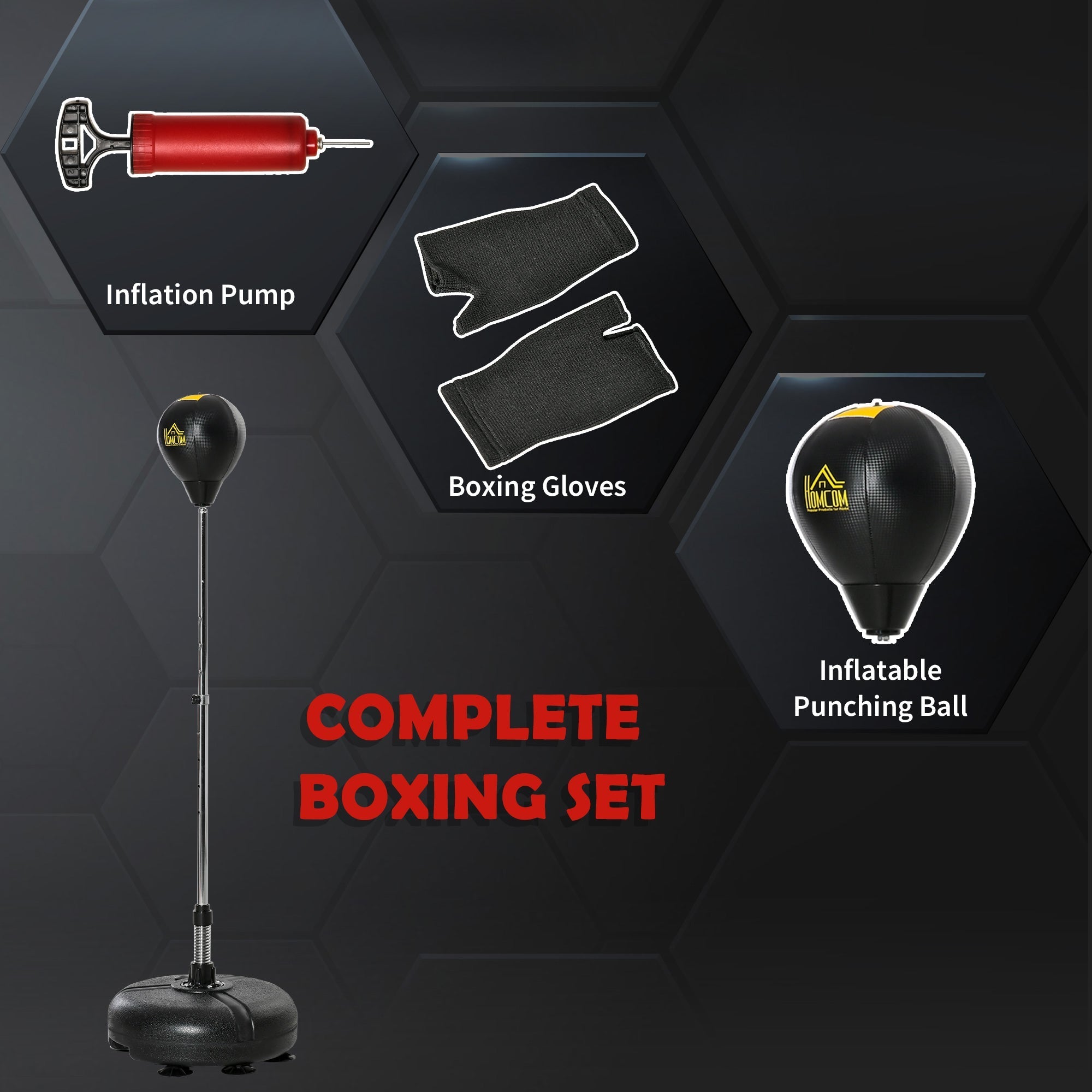 Black inflatable punching ball with yellow logo mounted on stand for teens adjustable height punch bag set