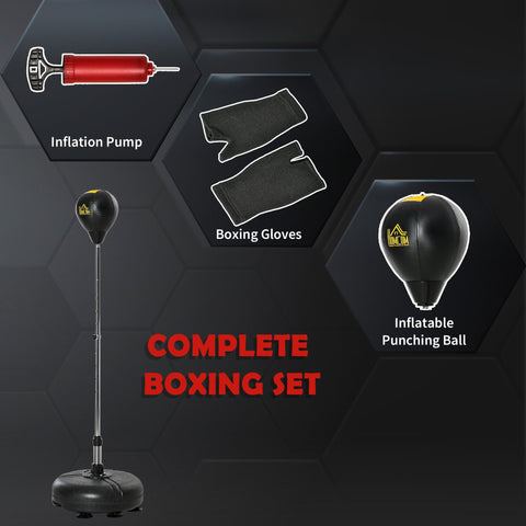 Black inflatable punching ball with yellow logo mounted on stand for teens adjustable height punch bag set