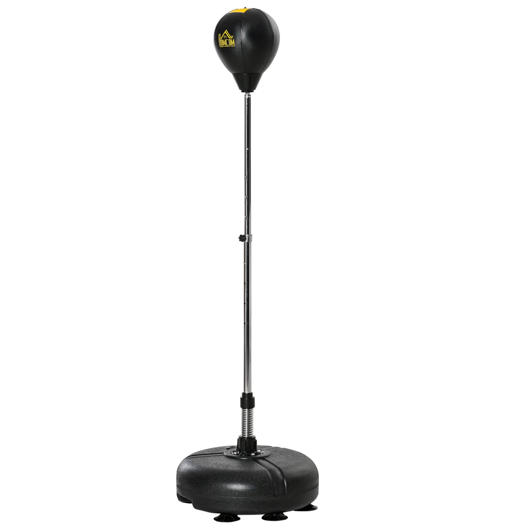 Black homcom punch bag with yellow logo on adjustable metal stand includes boxing ball and inflating pump features