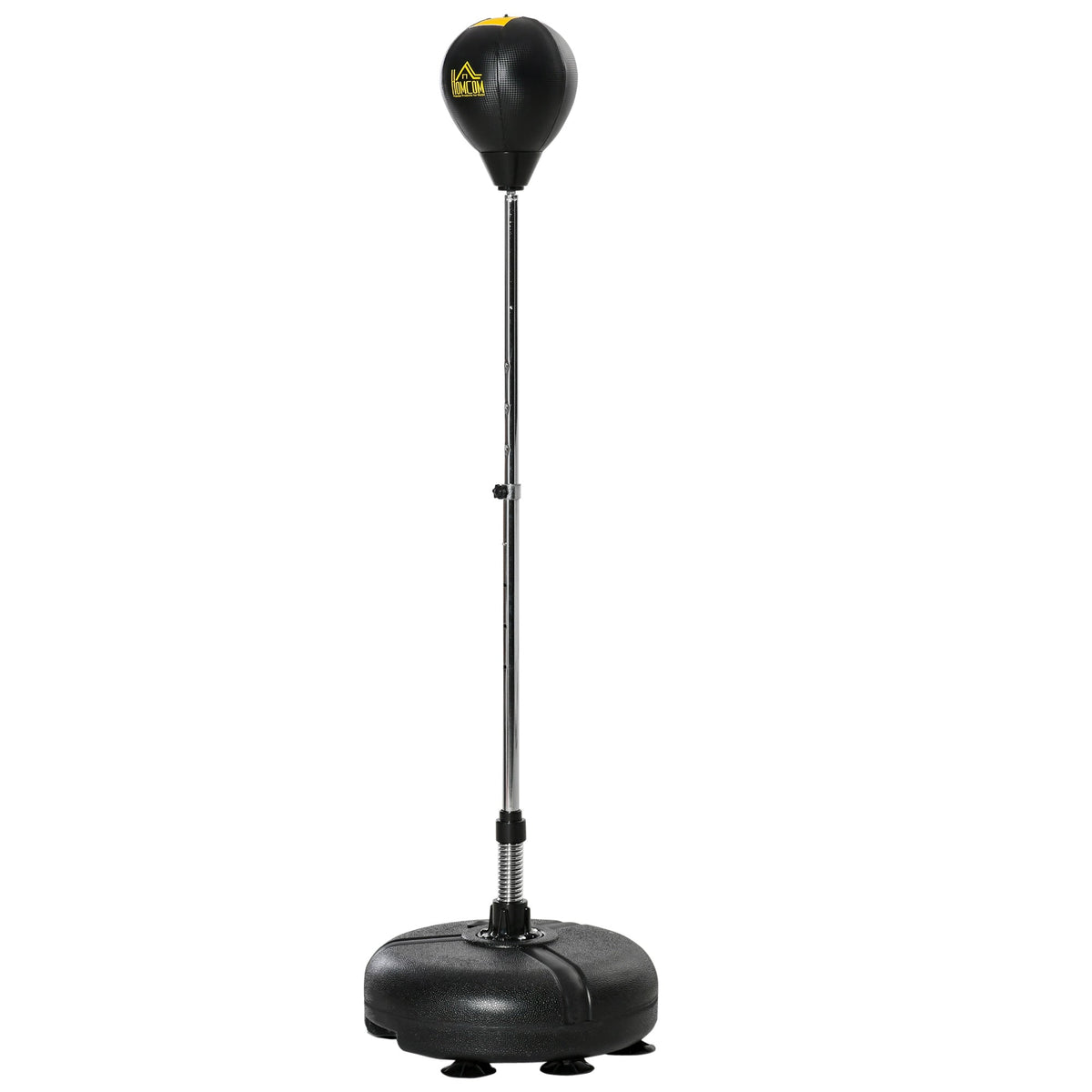 Black homcom punch bag with yellow logo on adjustable metal stand includes boxing ball and inflating pump features