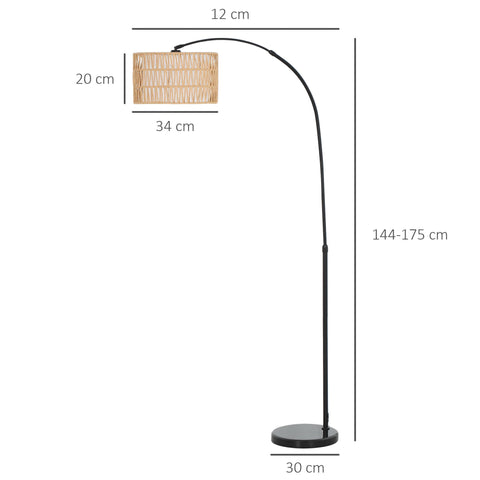 Black metal floor lamp with curved arch, dual-layer hemp rope rattan shade and foot switch for living room or bedroom