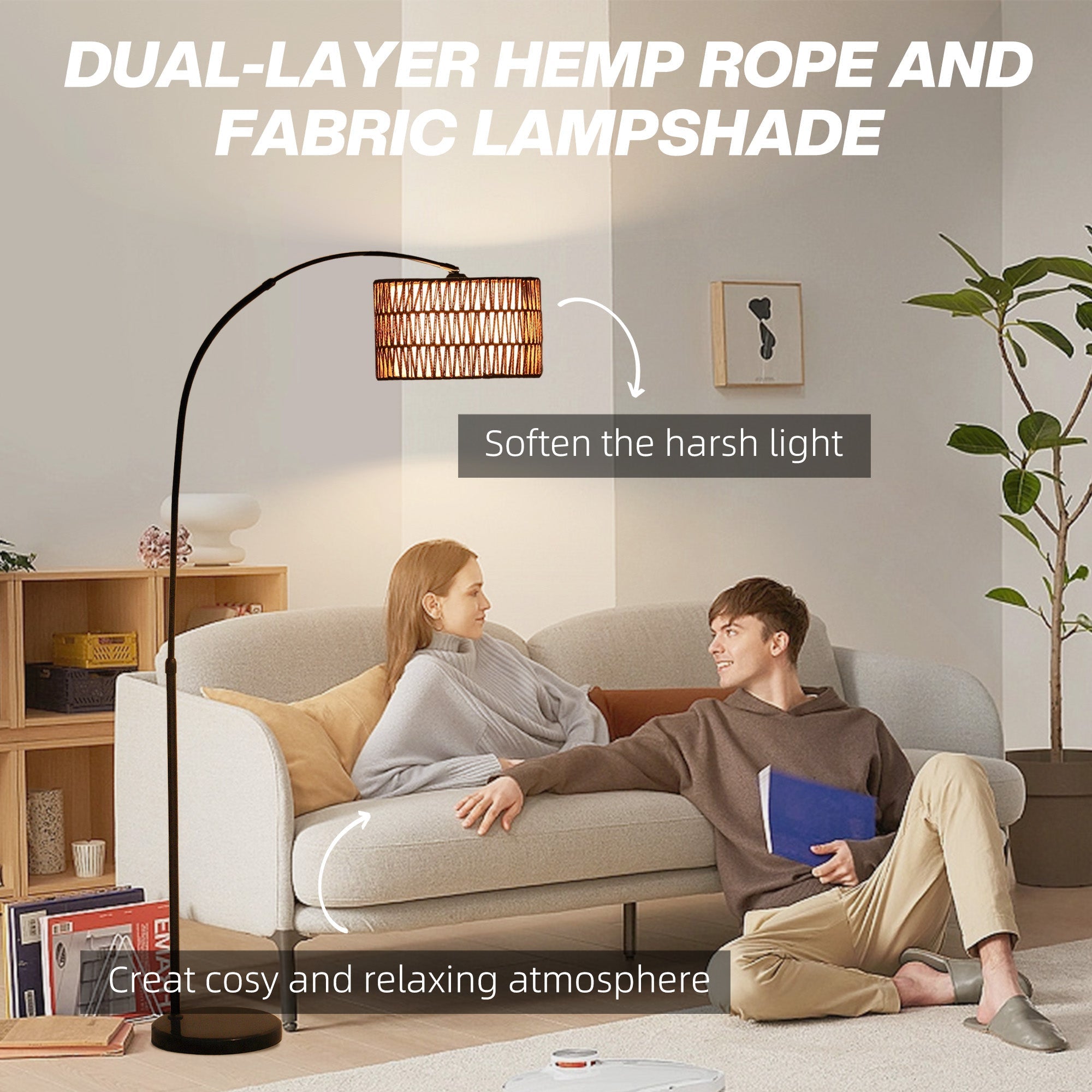Homcom rattan floor lamp with dual-layer hemp rope lampshade and foot switch in black for living room use