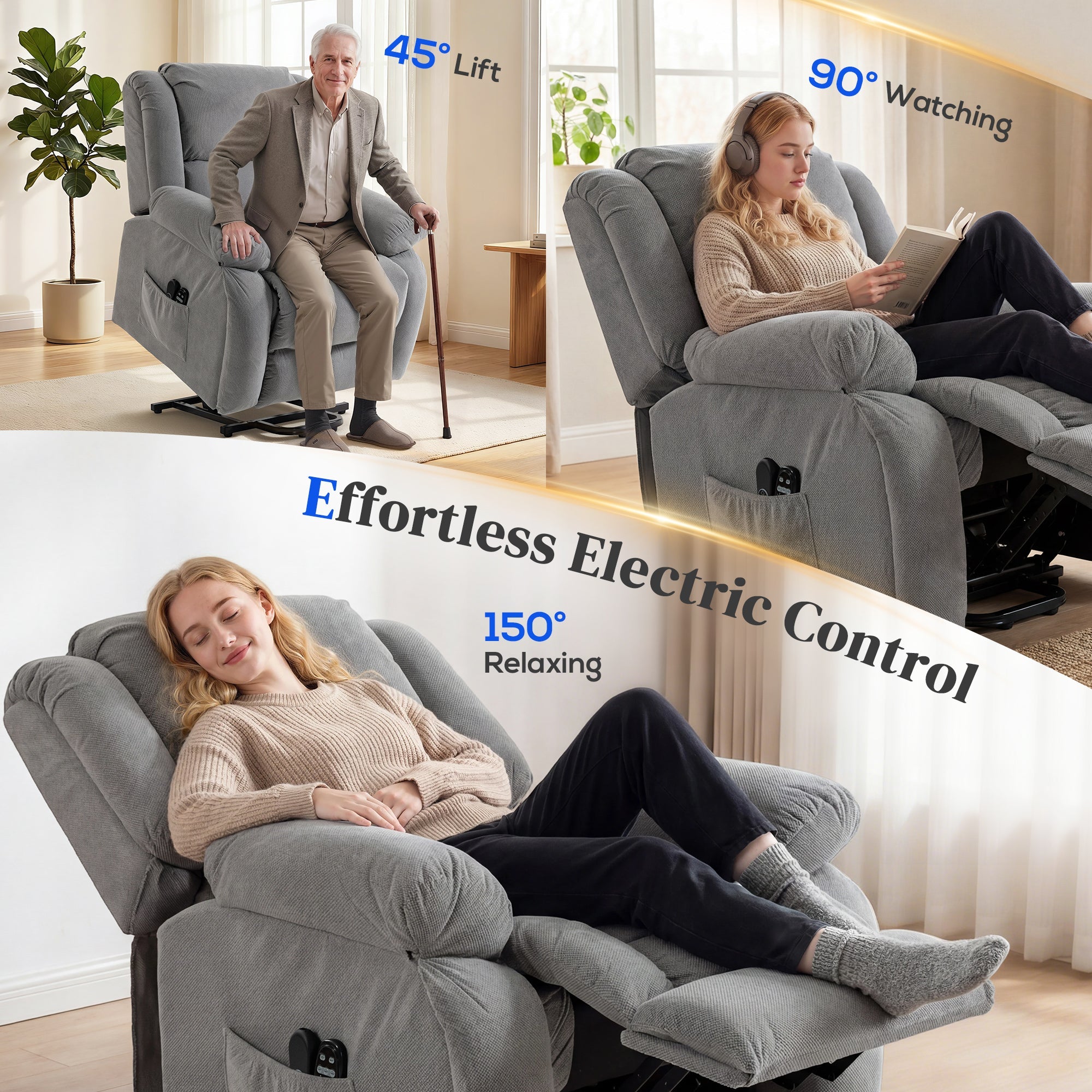 Gray plush recliner armchair lift with adjustable lift, massage, heat, wide seat, and usb port from HOMCOM