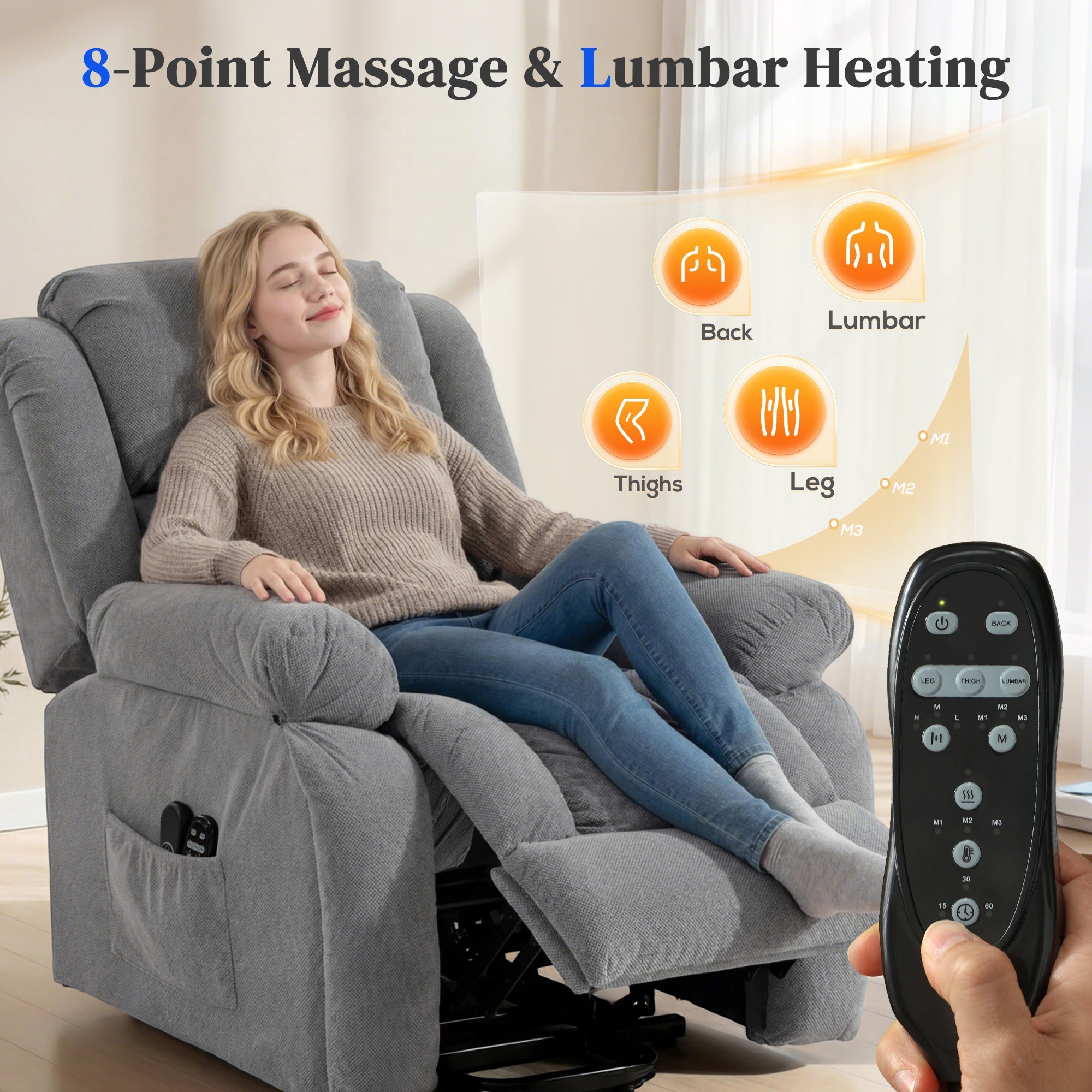 Gray fabric recliner armchair lift chair with massage vibration lumbar heating usb port by HOMCOM