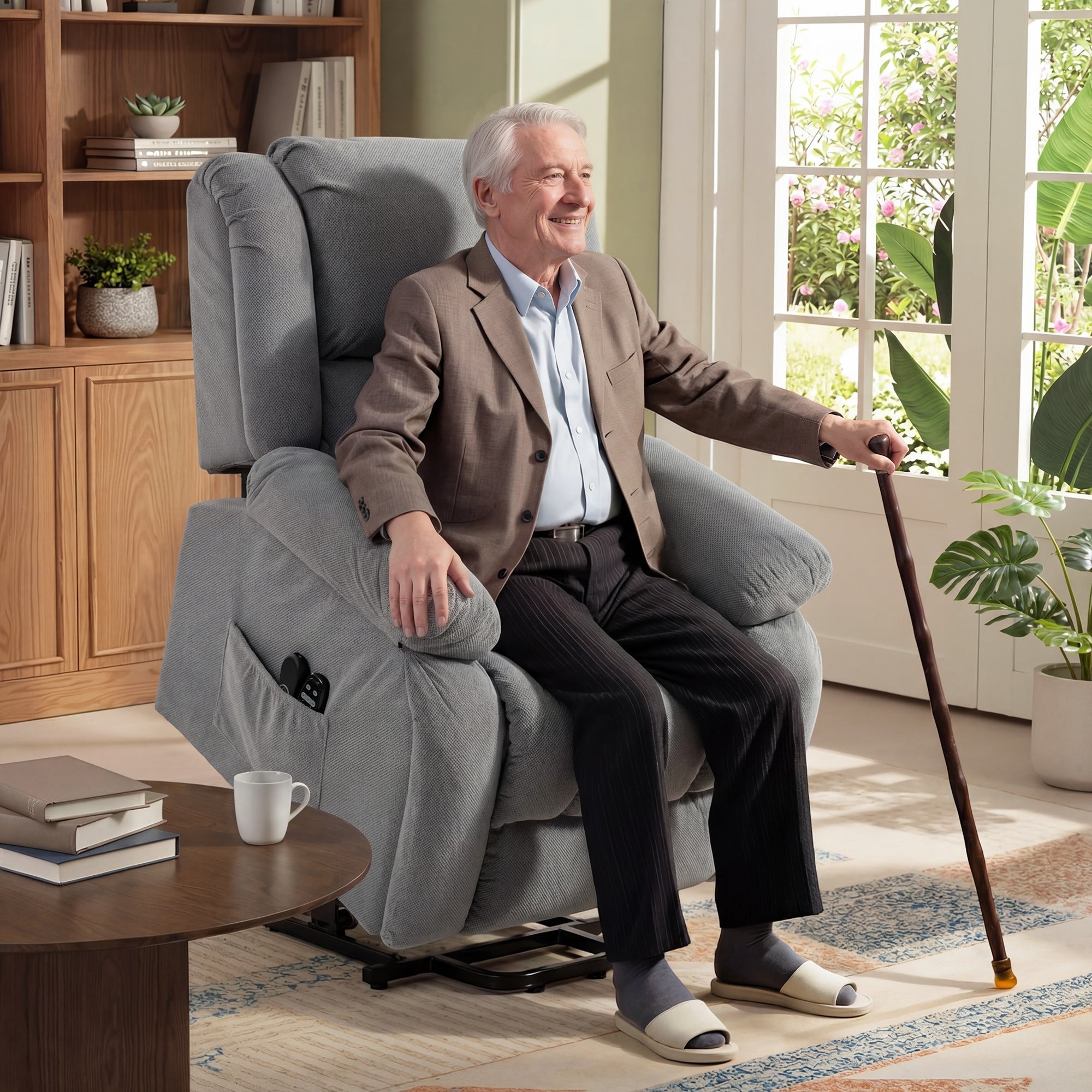 Gray upholstered homcom recliner armchair lift with armchair lift chair features vibration massage heat usb port and side pockets