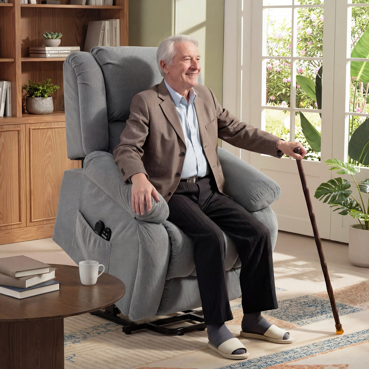 Gray upholstered homcom recliner armchair lift with armchair lift chair features vibration massage heat usb port and side pockets