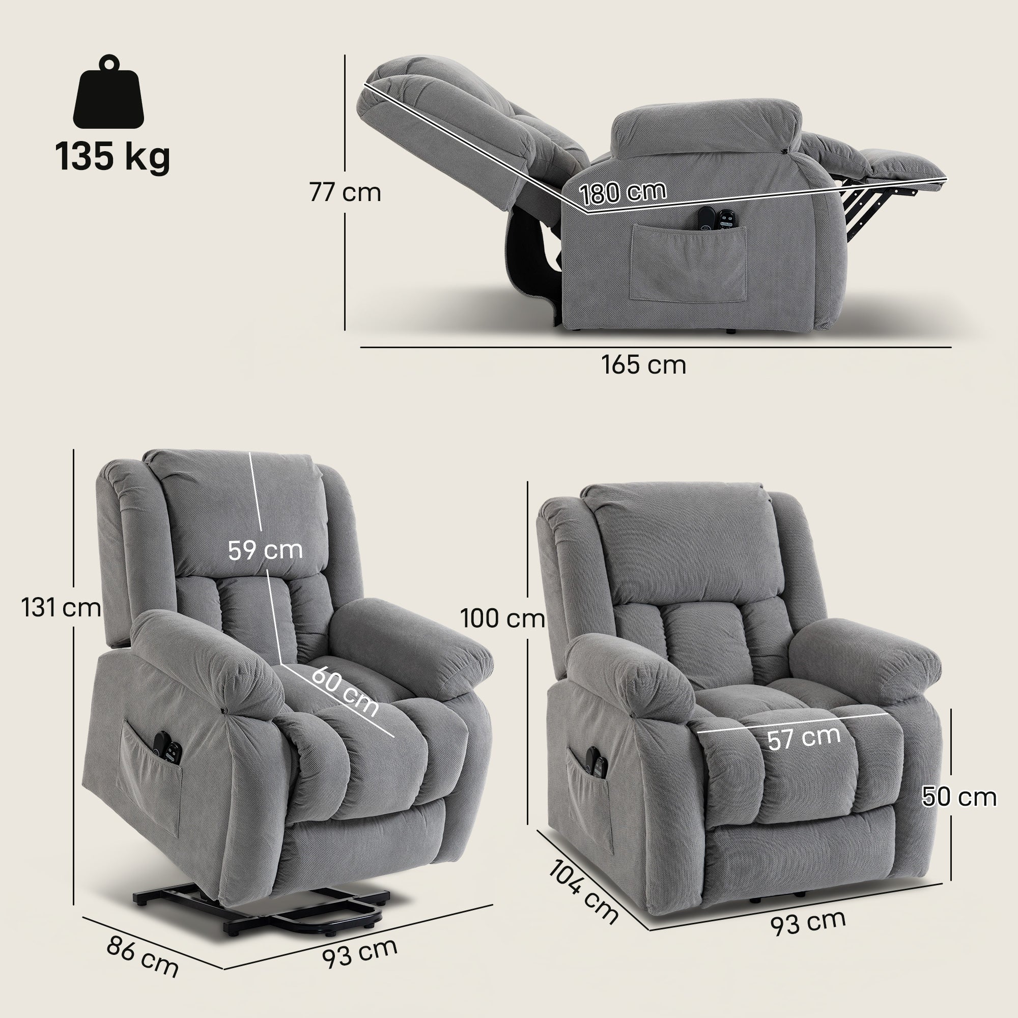 Gray corduroy recliner armchair lift with built-in power lift side pockets vibration massage and heat features
