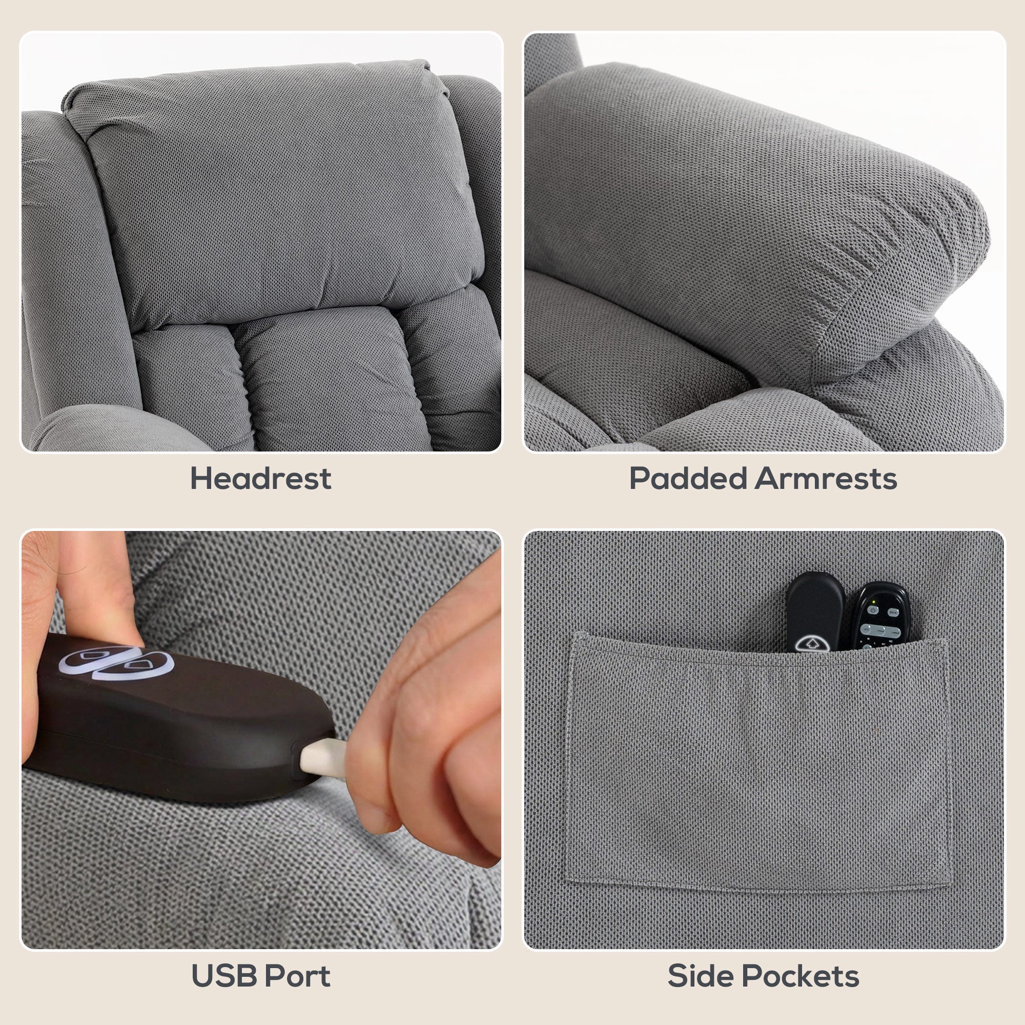 Gray textured fabric recliner armchair lift chair with padded armrests side pockets usb port and massage heat features