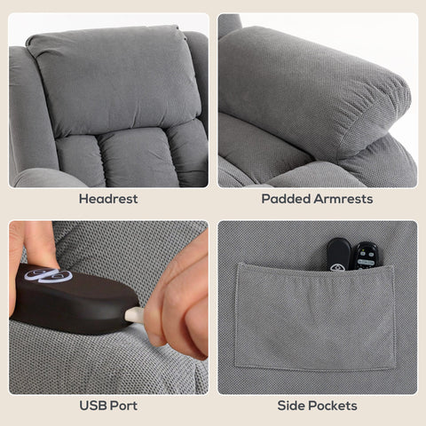 Gray textured fabric recliner armchair lift chair with padded armrests side pockets usb port and massage heat features