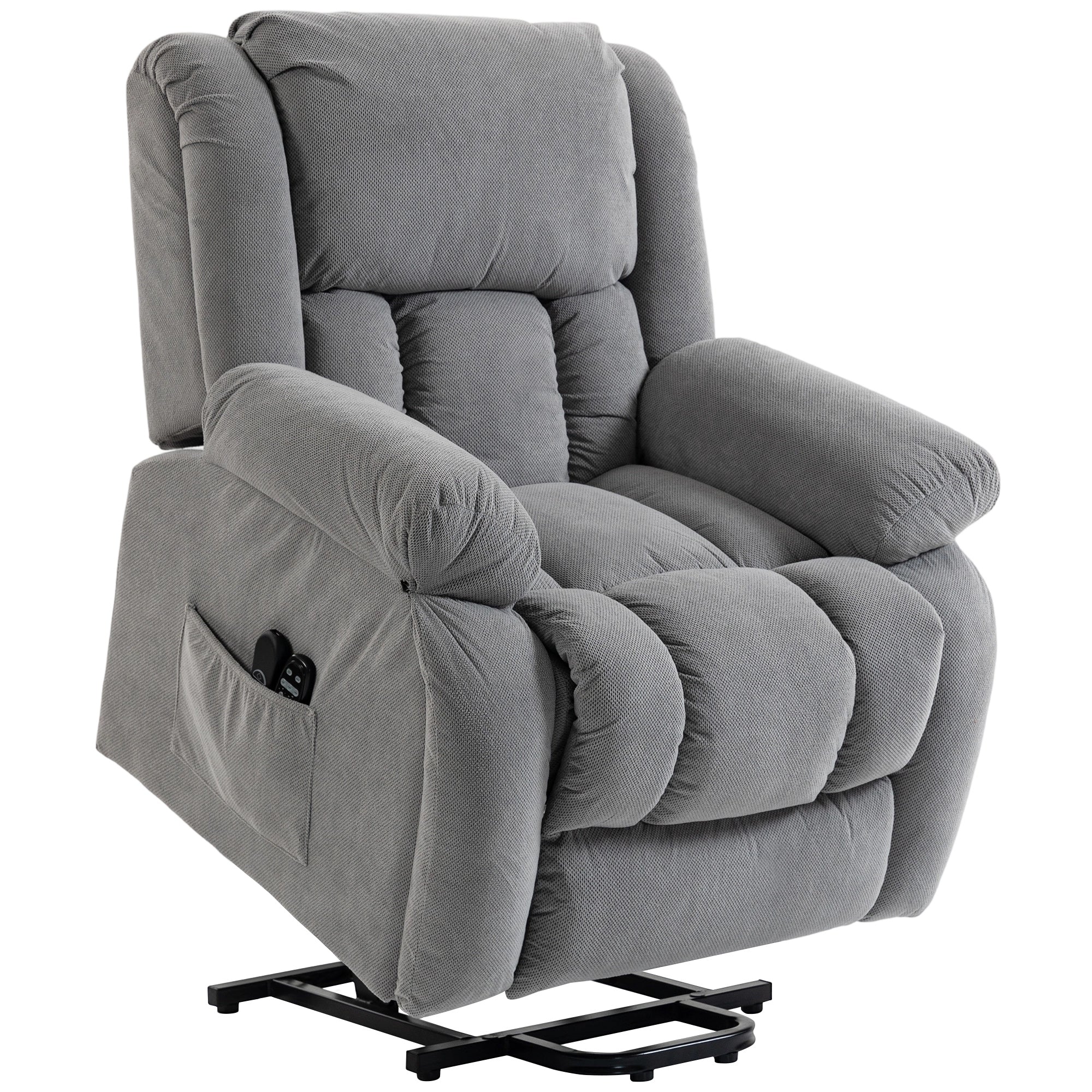 Gray corduroy recliner armchair lift with black metal base built-in control panel and usb port for easy use