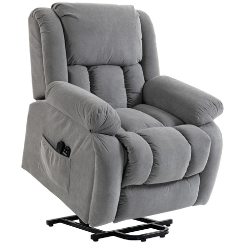 Gray corduroy recliner armchair lift with black metal base built-in control panel and usb port for easy use