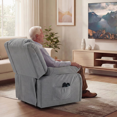 Gray corduroy recliner armchair lift chair with side pocket holding remotes featuring massage heat and usb port