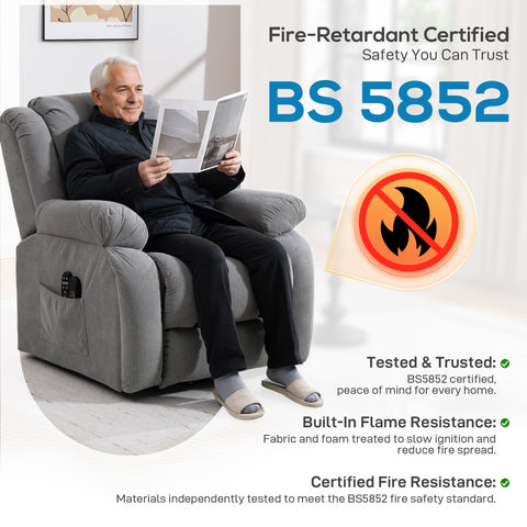 Light grey homcom recliner armchair lift chair with built-in flame resistance and wide seat for comfort