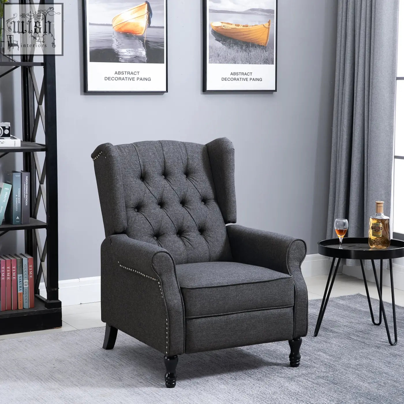 Dark gray tufted wingback homcom recliner armchair with nailhead trim and black wooden legs for living room