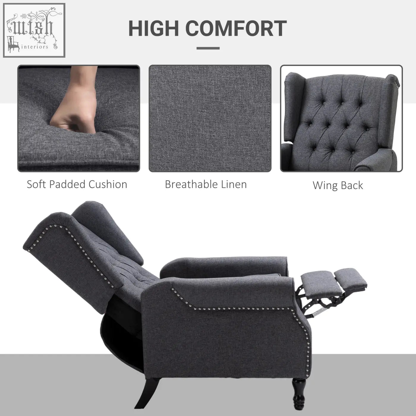 Dark grey homcom recliner armchair with tufted wingback design and decorative nailhead trim for living room use