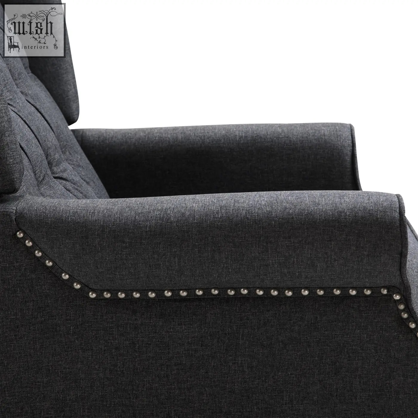 Dark gray upholstered homcom recliner armchair with silver nailhead trim and button tufted back for living room use