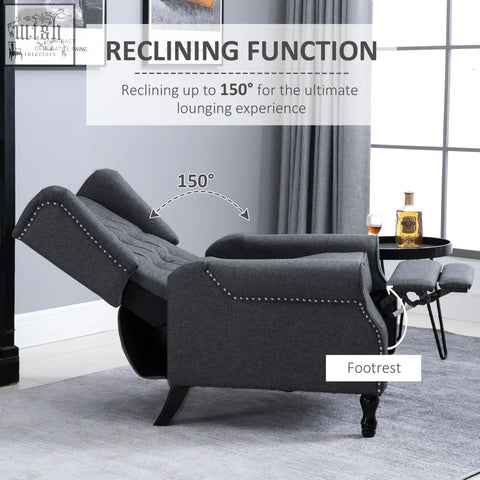 Dark grey homcom recliner armchair with tufted back, nailhead trim, and 150-degree reclining function for living room