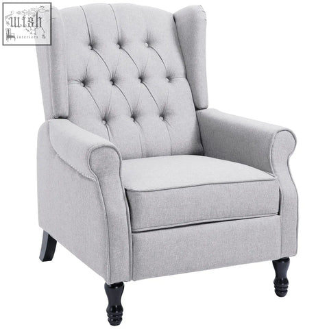 Gray tufted homcom recliner armchair with black wooden legs nail head trim and footrest for living room seating