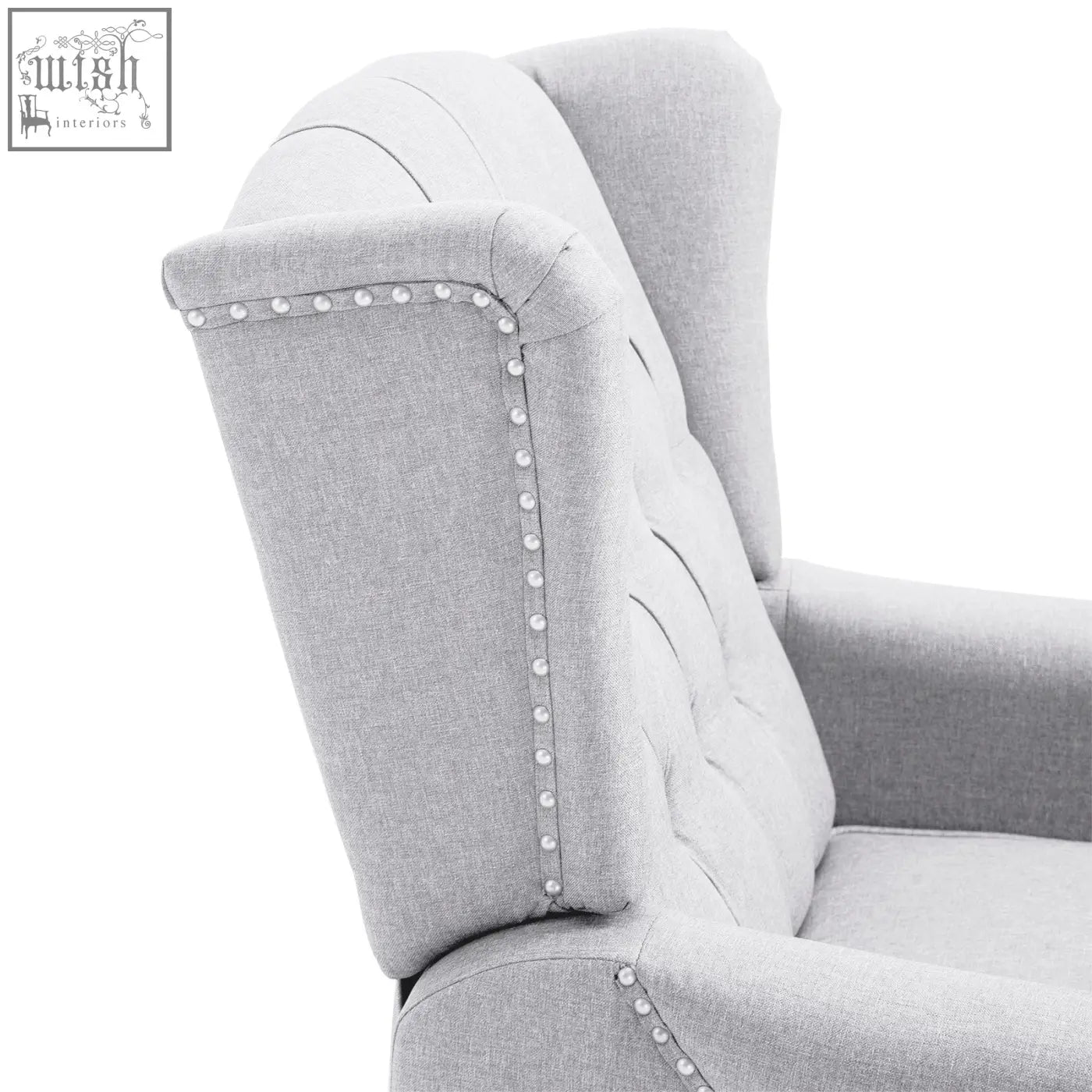 Gray upholstered homcom recliner armchair with tufted back silver nailhead trim and footrest for living room use