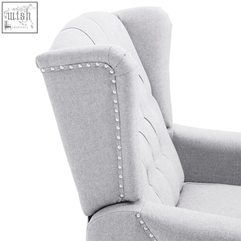 Gray upholstered homcom recliner armchair with tufted back silver nailhead trim and footrest for living room use