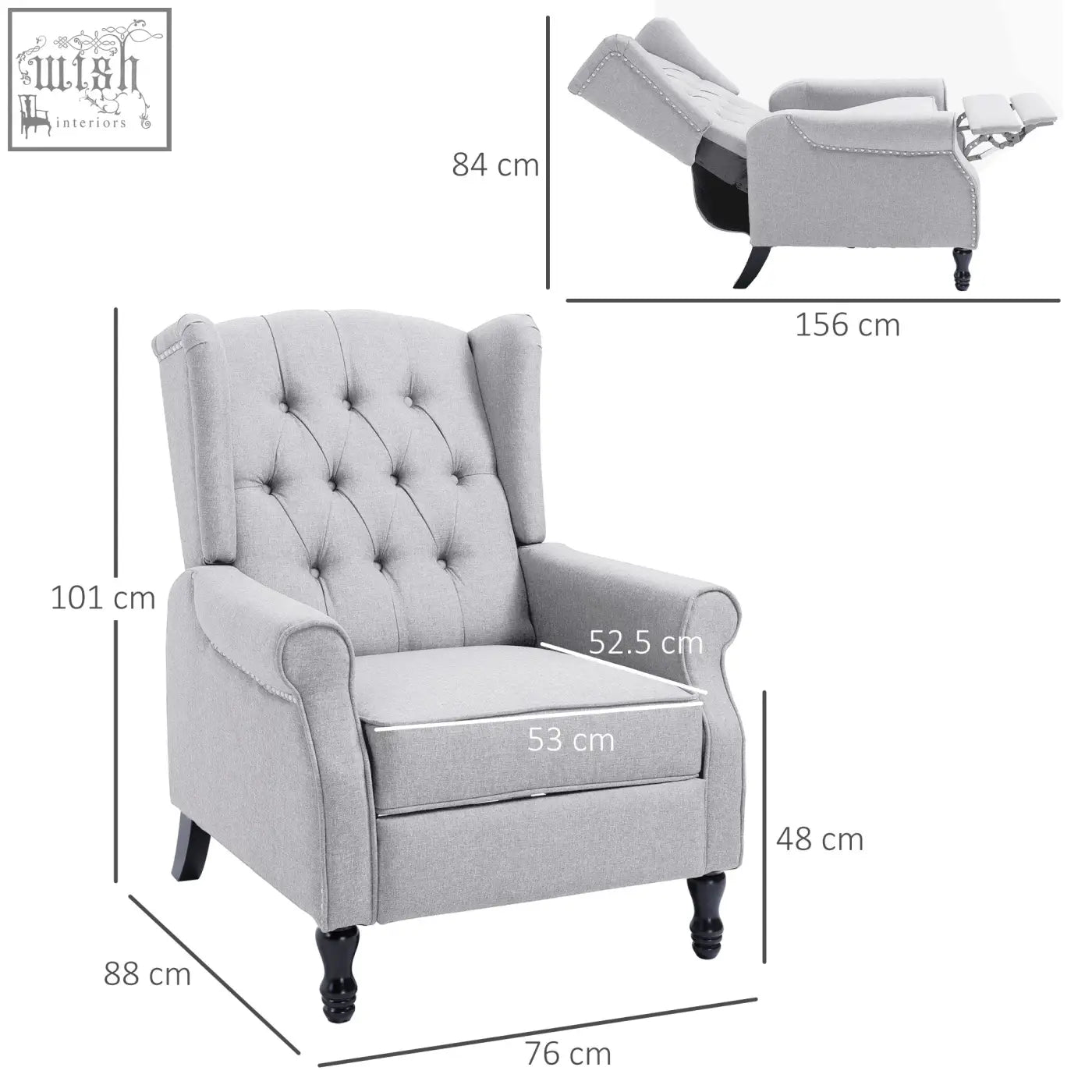 Gray tufted homcom recliner armchair with wingback design black wooden legs and nail head trim for living room use