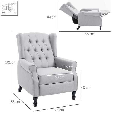 Gray tufted homcom recliner armchair with wingback design black wooden legs and nail head trim for living room use