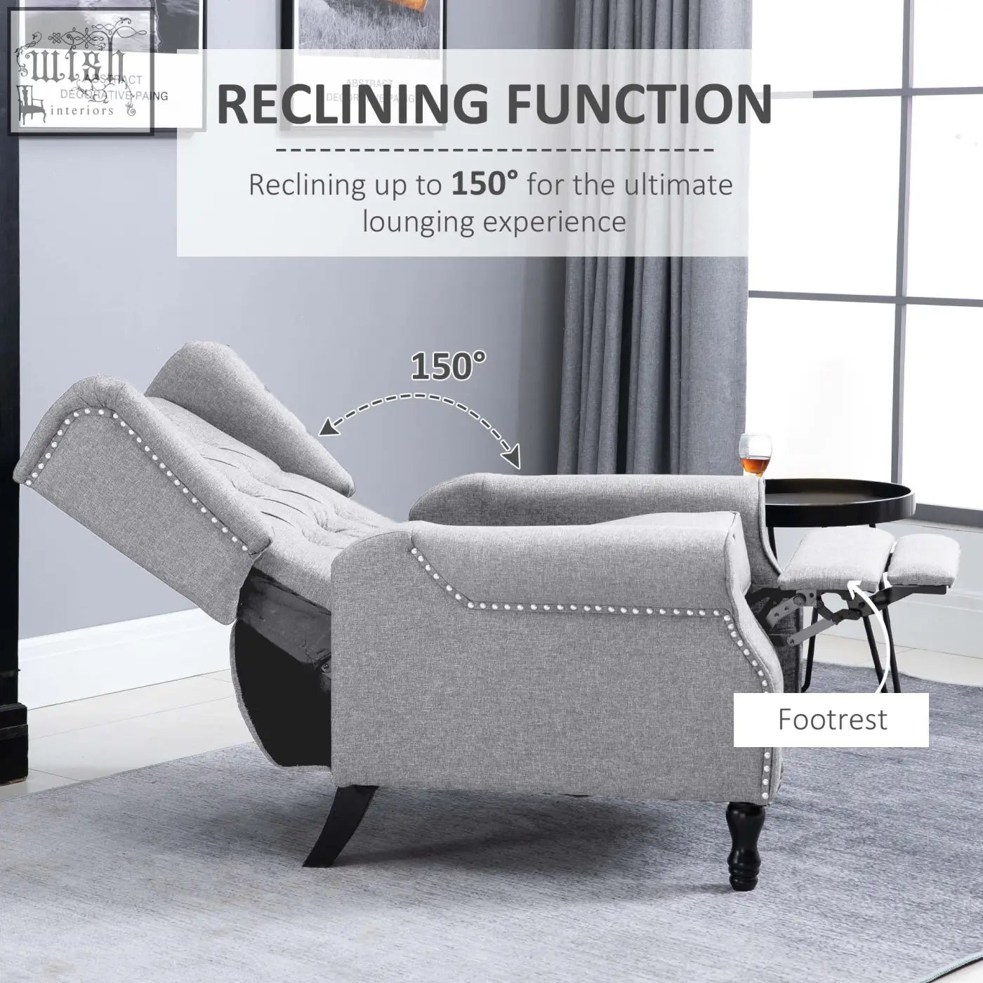Light grey homcom recliner armchair with tufted upholstery nailhead trim and 150 degree reclining function for living room