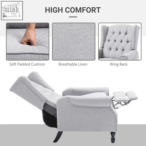 Light grey homcom recliner armchair with tufted wingback design nail head trim and black legs for living room