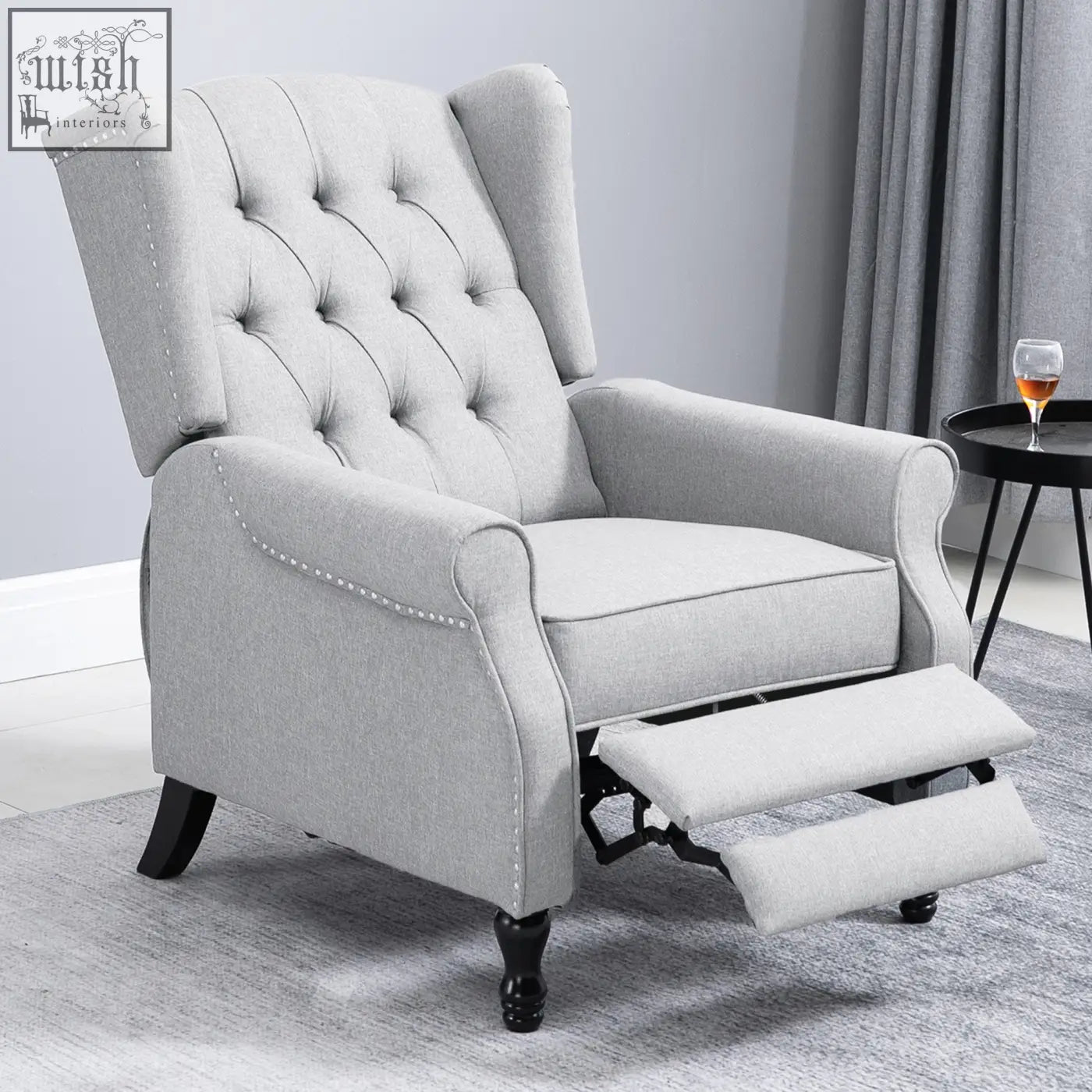 Light grey tufted homcom recliner armchair with black wooden legs and nailhead trim for living room comfort