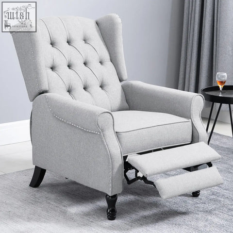 Light grey tufted homcom recliner armchair with black wooden legs and nailhead trim for living room comfort