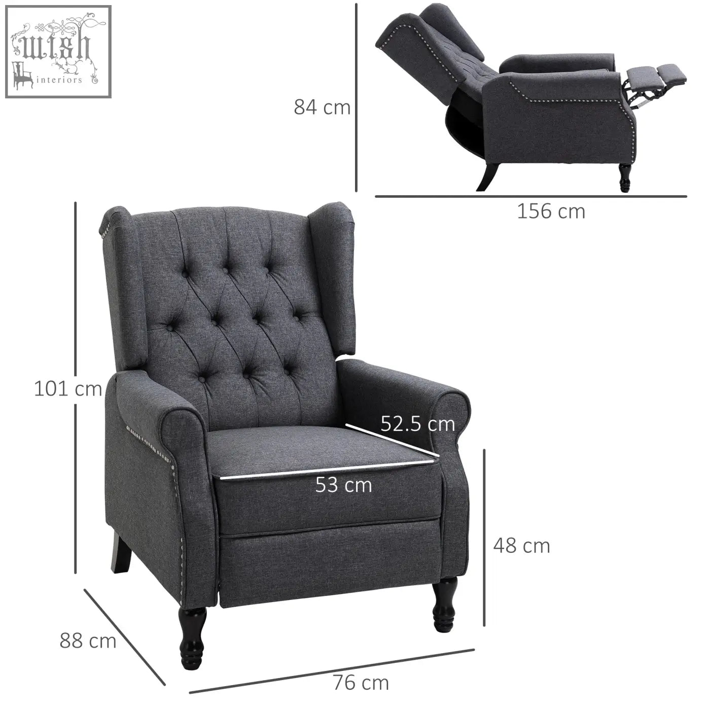 Dark gray homcom recliner armchair with button tufted wingback, nailhead trim, black wooden legs, ideal for living room