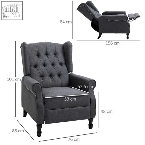 Dark gray homcom recliner armchair with button tufted wingback, nailhead trim, black wooden legs, ideal for living room