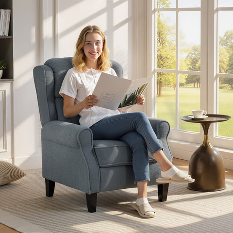 Blue upholstered homcom recliner armchair with rolled arms dark wooden legs and soft teddy fleece in grey color