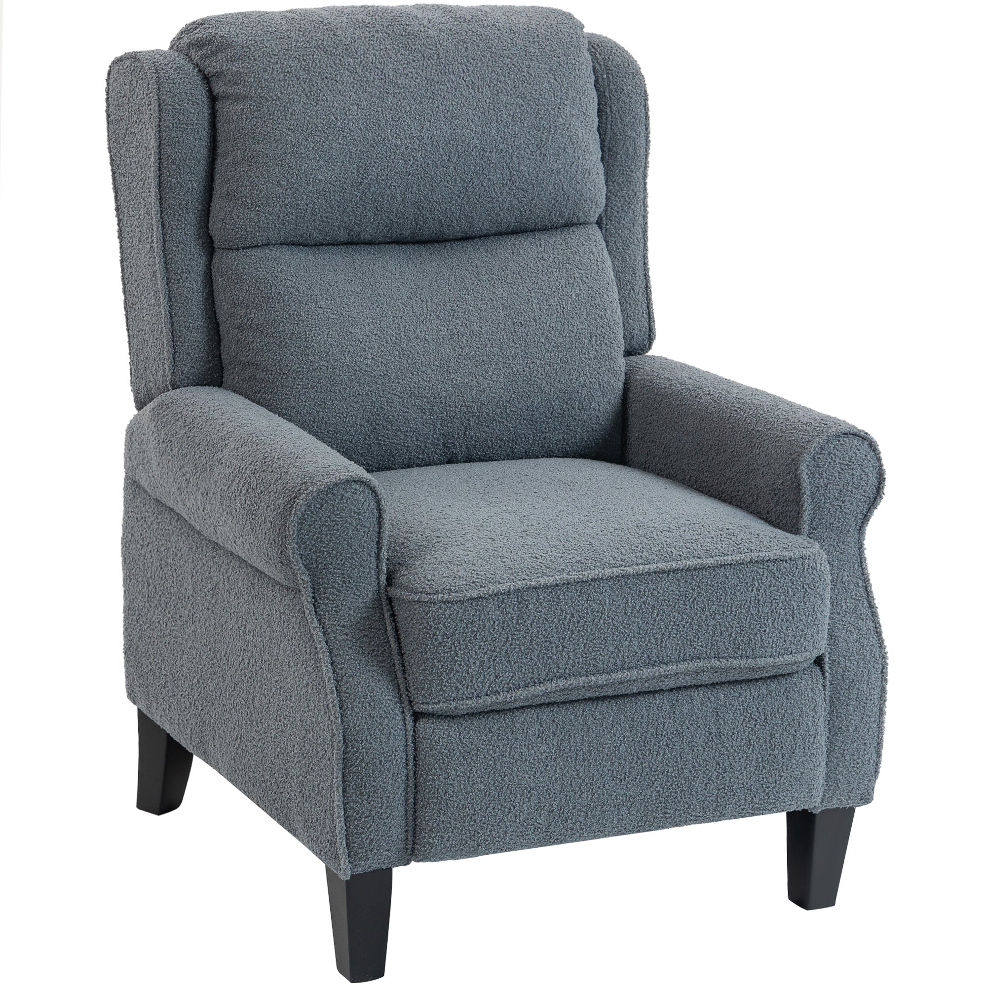 Grey homcom recliner armchair with soft teddy fleece fabric and dark wooden legs featuring extended leg rest