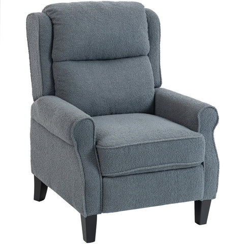Grey homcom recliner armchair with soft teddy fleece fabric and dark wooden legs featuring extended leg rest