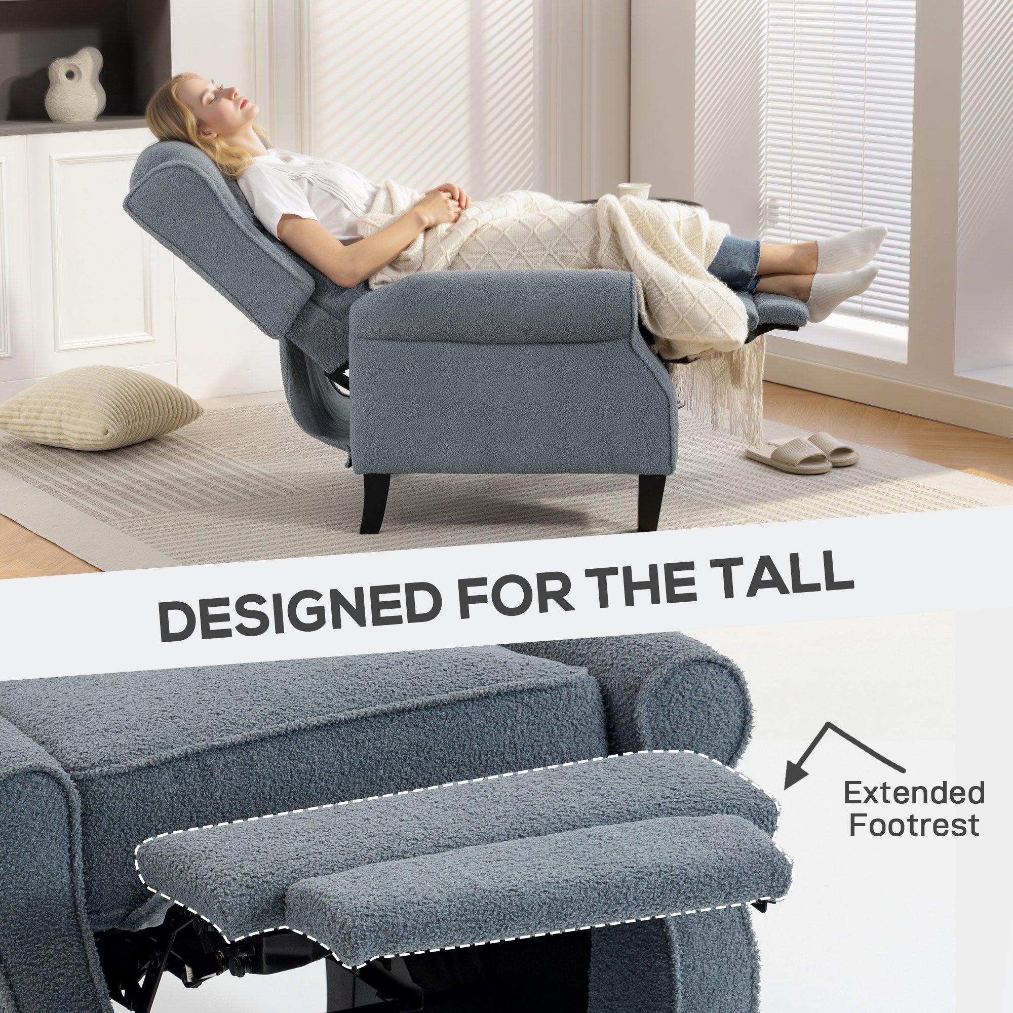 Gray homcom recliner armchair with extended footrest in soft teddy fleece perfect for tall users and cozy comfort