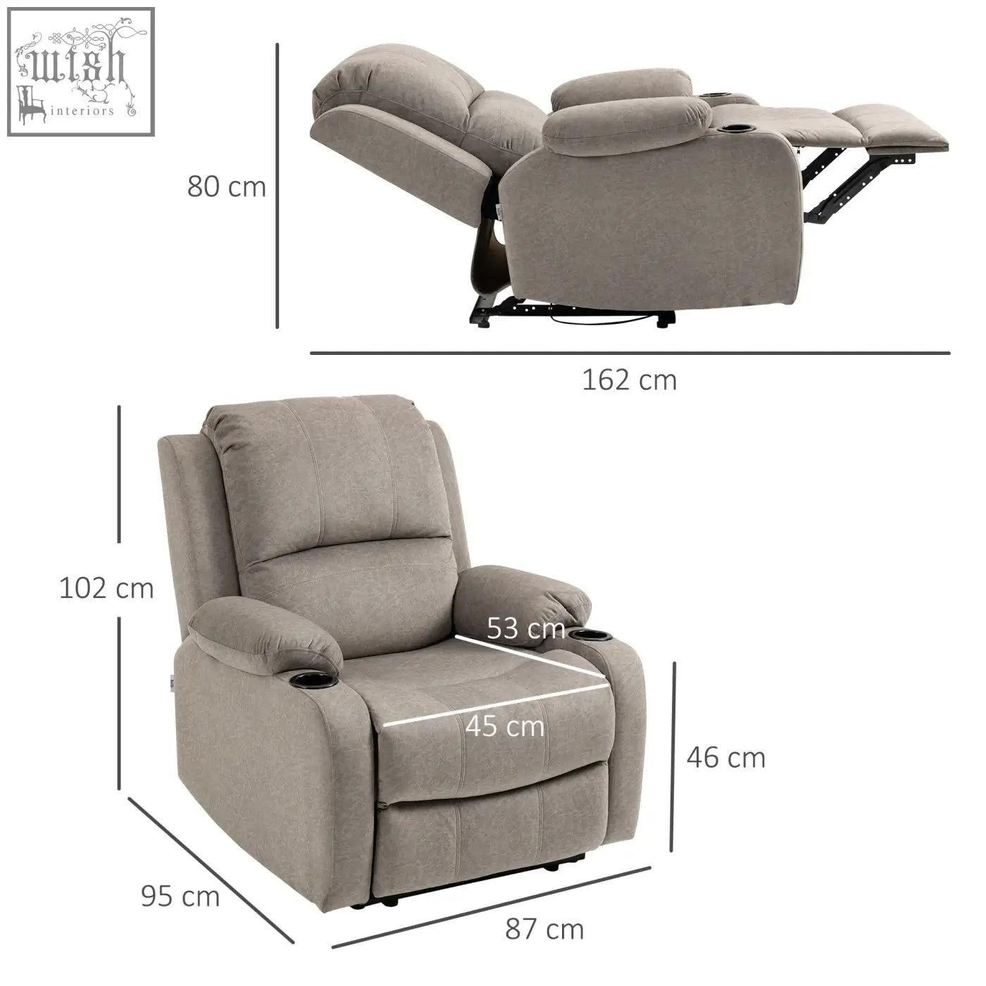 Beige homcom recliner chair made of microfibre with adjustable footrest and built-in cup holders for home living room