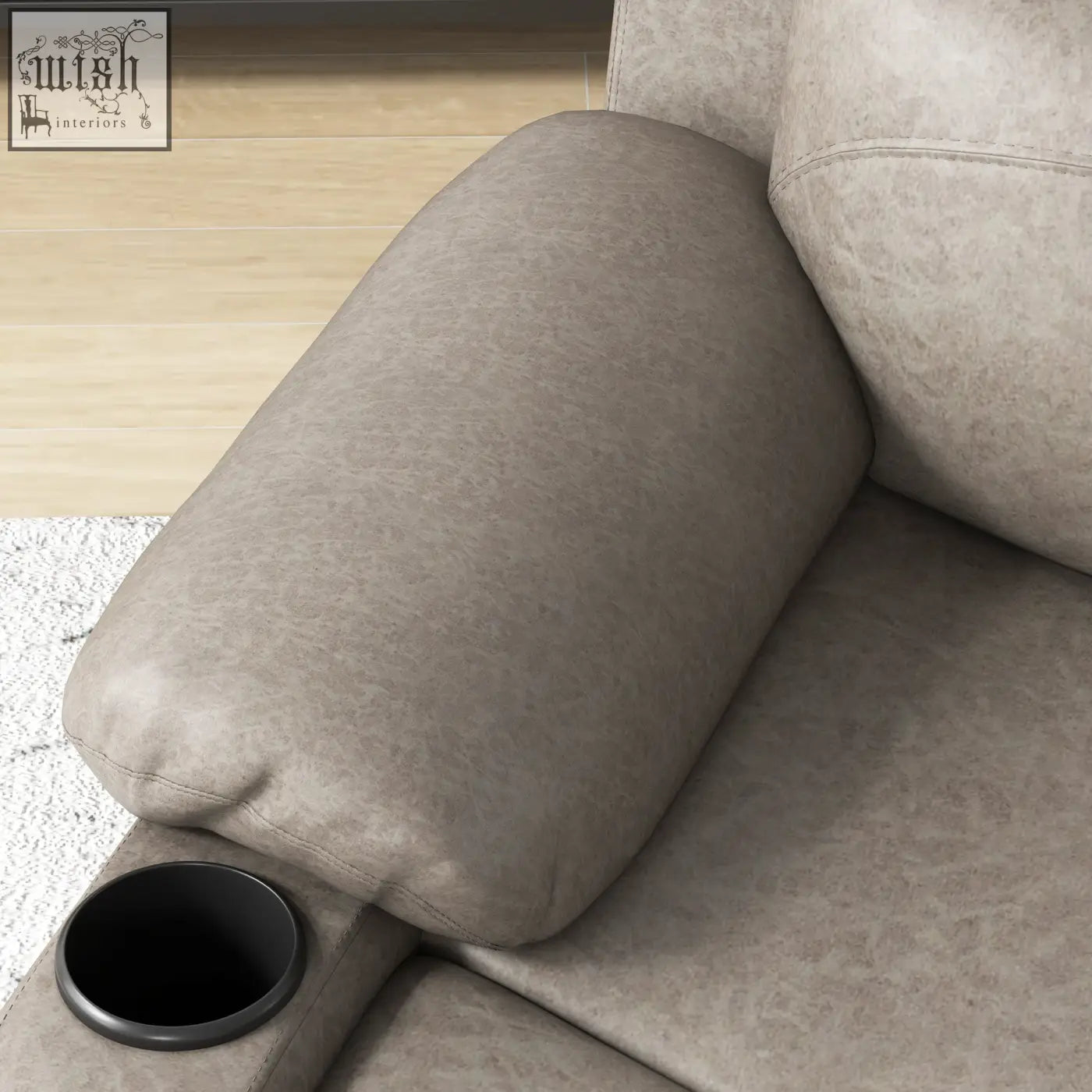 Beige upholstered armrest with textured fabric and black cup holder on homcom recliner chair for living room use